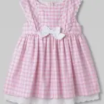 Poplin Woven Half Sleeves Checked Frock With Bow Applique