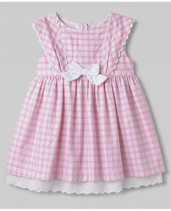 22603867a Poplin Woven Half Sleeves Checked Frock With Bow Applique - Image 1